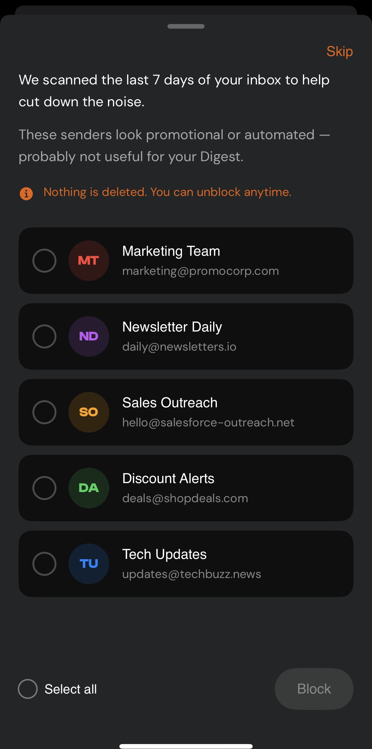 Synchrono smart filtering screen showing blocked promotional emails